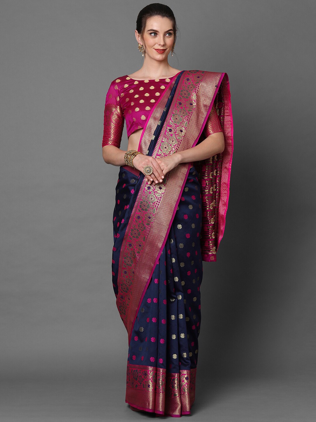 

Mitera Navy Blue & Pink Woven Design Silk Blend Banarasi Saree