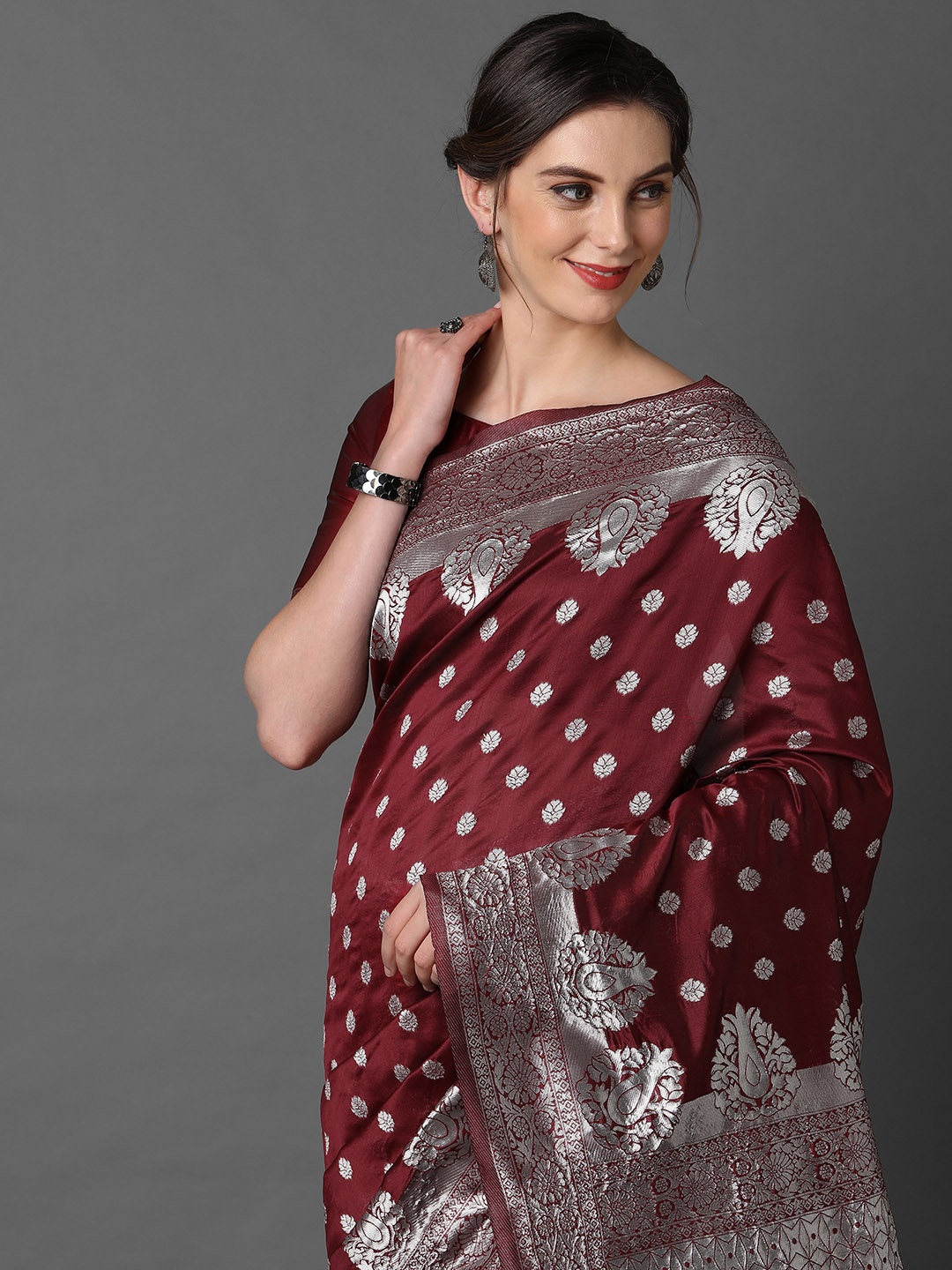 

Mitera Maroon & Silver-Toned Woven Design Silk Blend Banarasi Saree