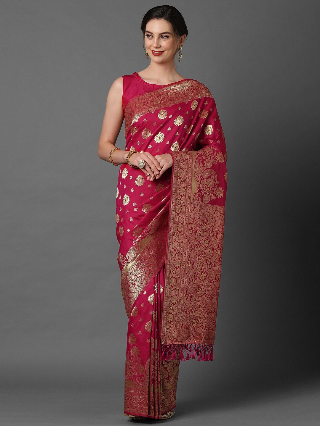 

Mitera Pink & Gold-Toned Woven Design Silk Blend Banarasi Saree