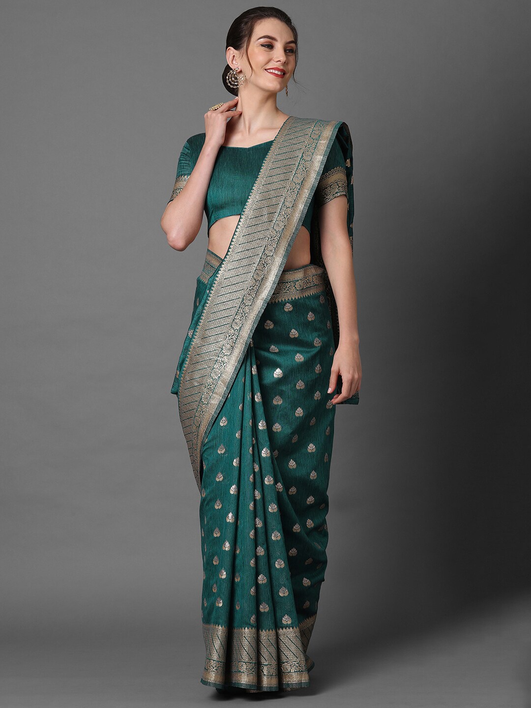 

Mitera Teal & Gold-Toned Woven Design Silk Blend Banarasi Saree