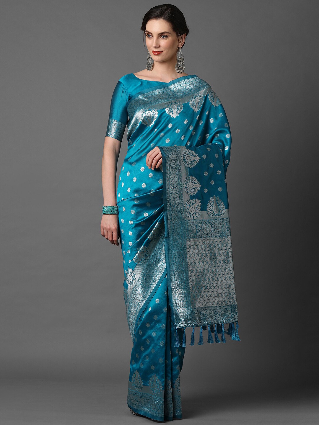 

Mitera Blue & Silver-Coloured Ethnic Motifs Woven Design Silk Blend Banarasi Saree