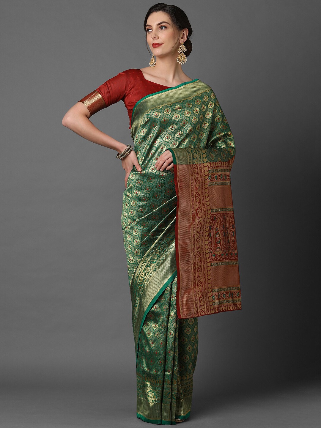 

Mitera Green & Red Ethnic Motifs Woven Design Silk Blend Banarasi Saree