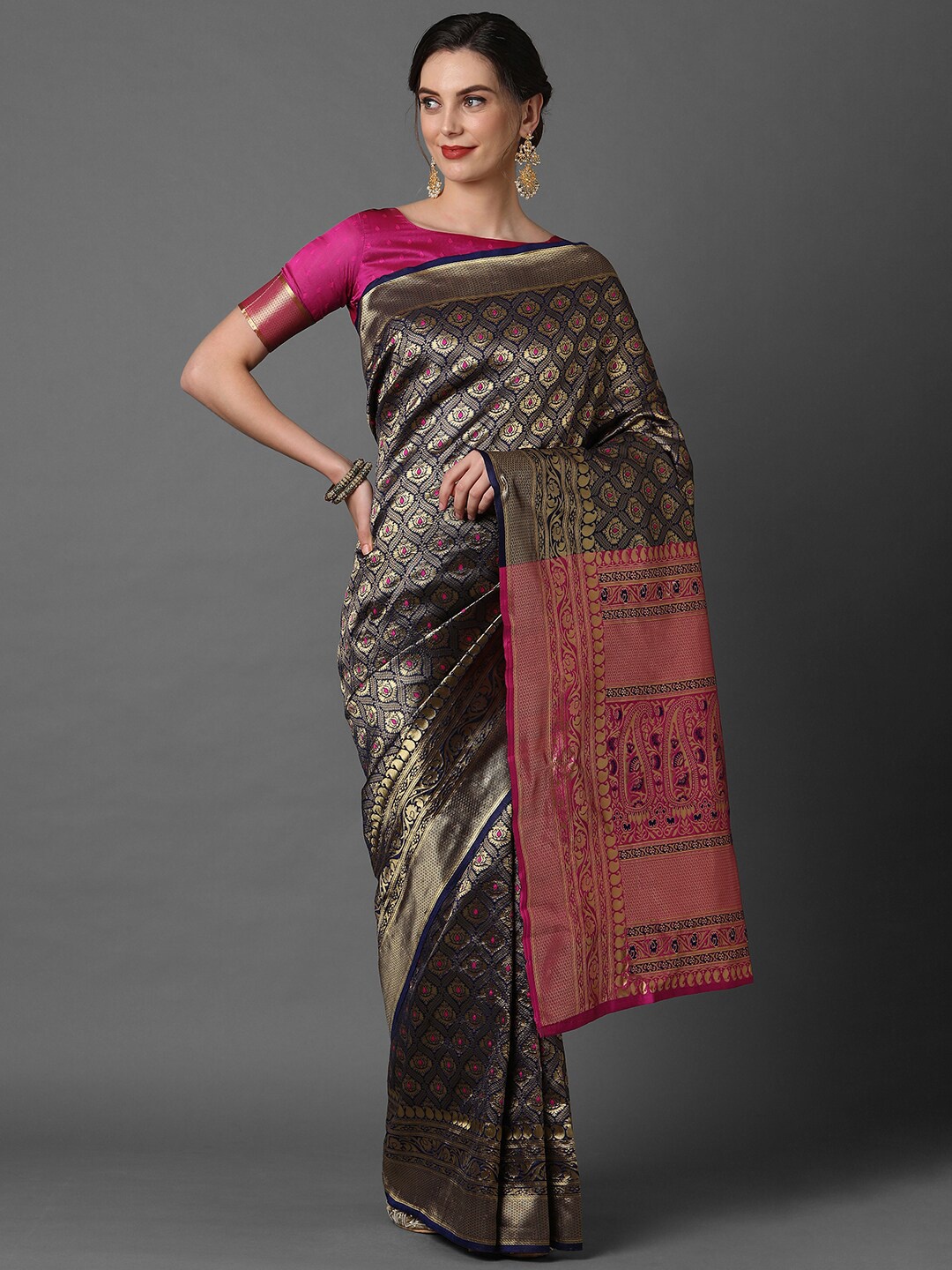 

Mitera Navy Blue & Pink Woven Design Silk Blend Banarasi Saree