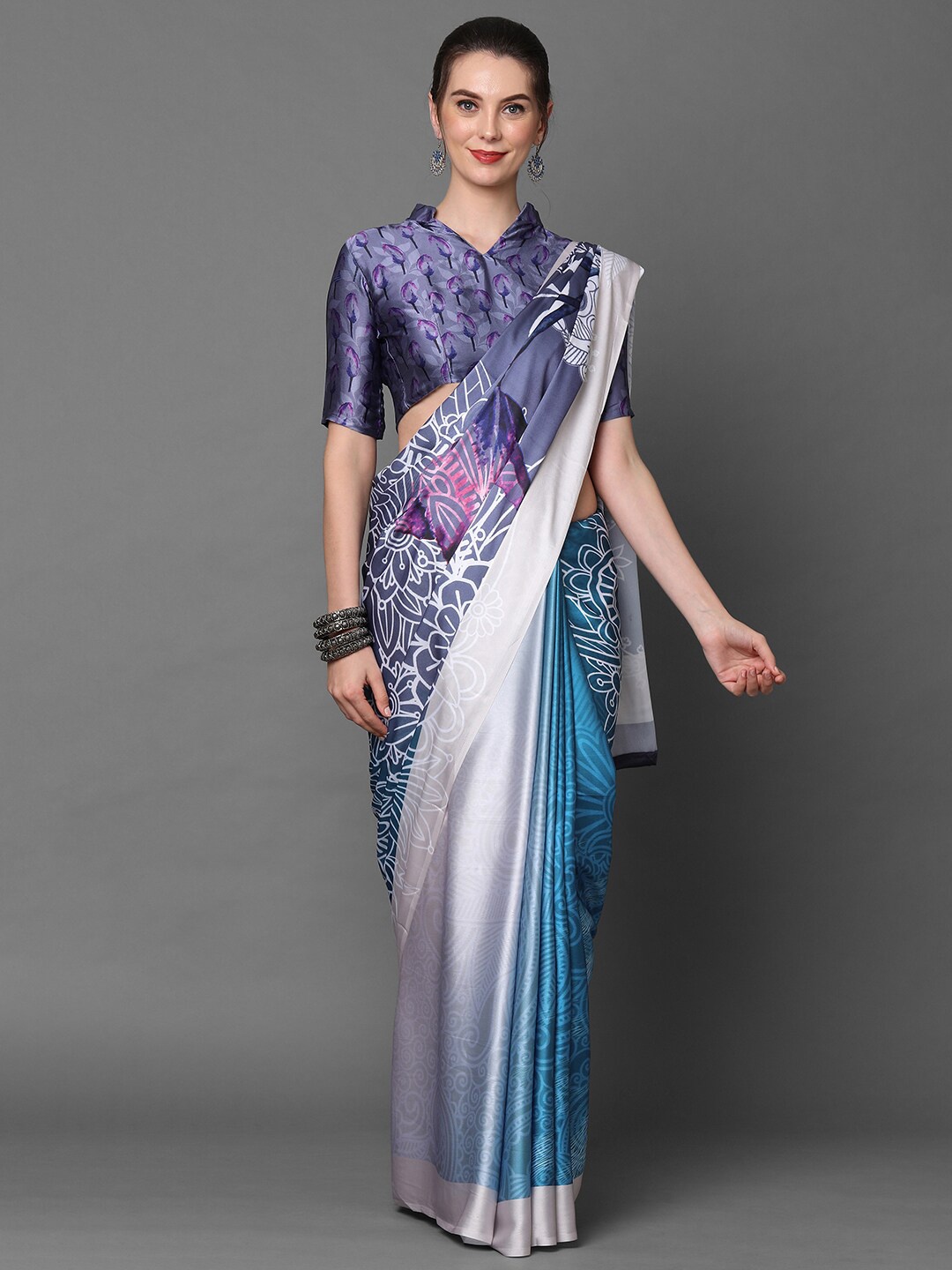 

Mitera Grey & Blue Floral Printed Saree