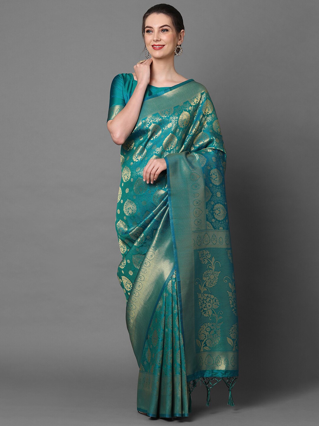 

Mitera Blue & Gold-Toned Woven Design Silk Blend Banarasi Saree