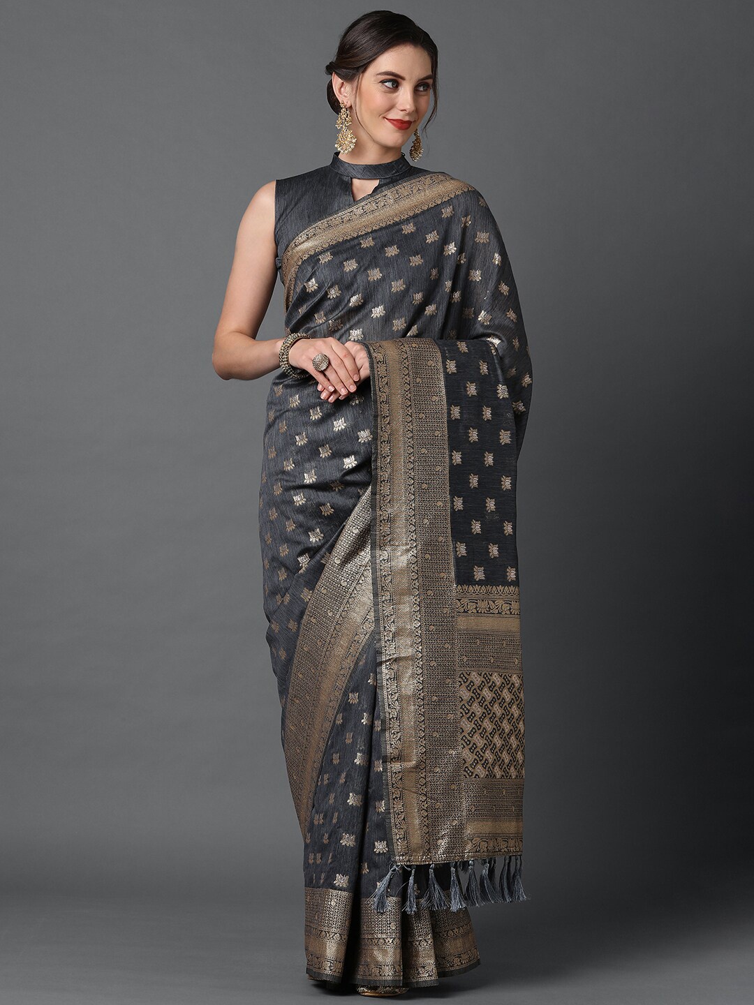 

Mitera Grey & Gold-Coloured Ethnic Motifs Woven Design Silk Blend Banarasi Saree