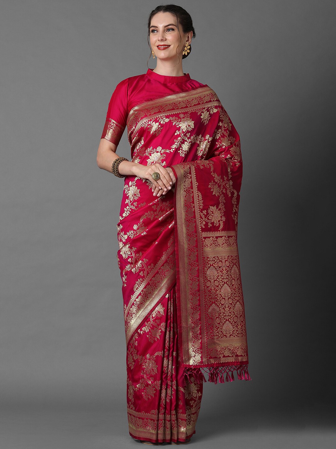 

Mitera Red & Gold-Toned Floral Zari Banarasi Saree