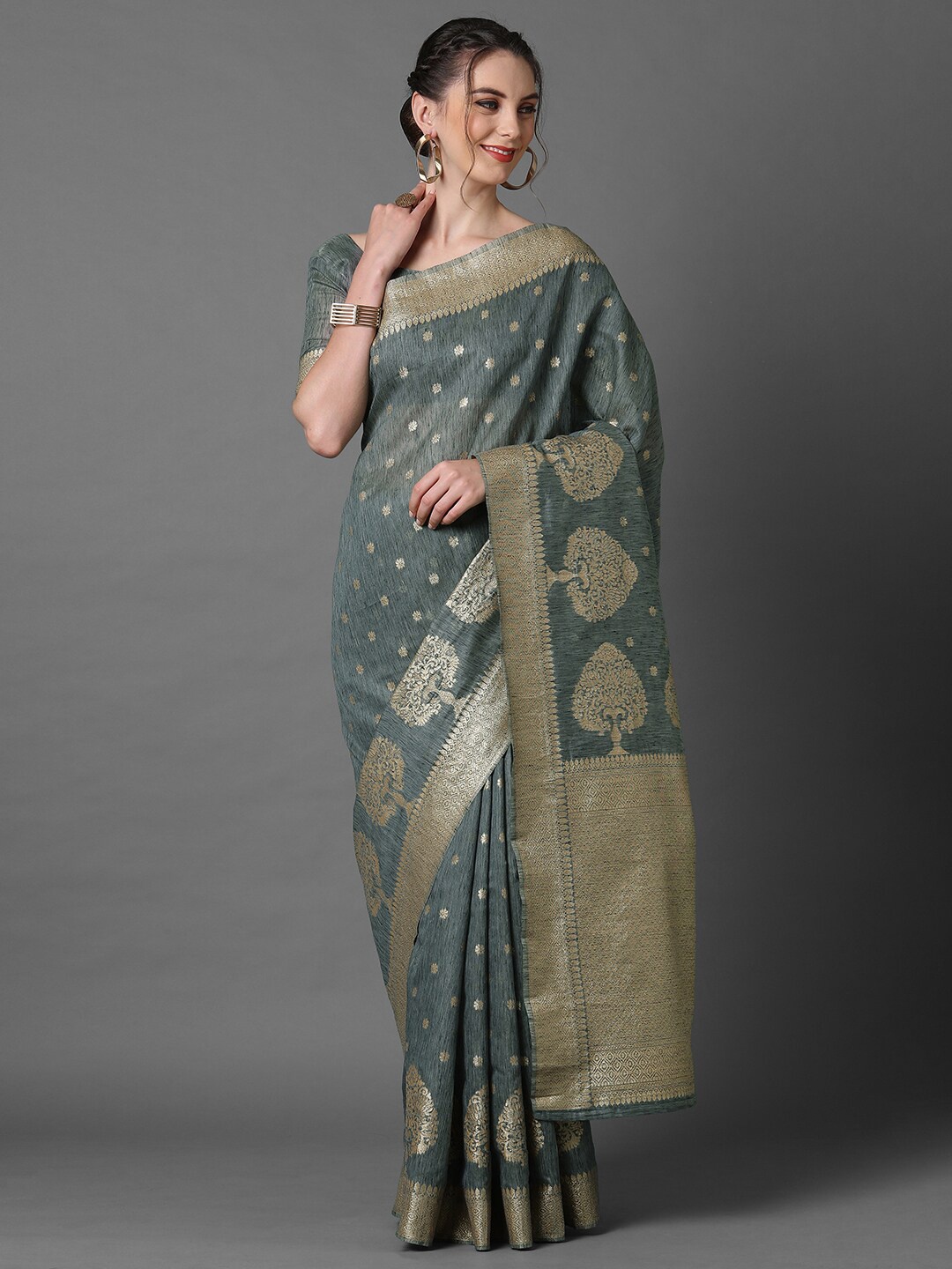 

Mitera Grey & Gold-Toned Woven Design Silk Blend Banarasi Saree