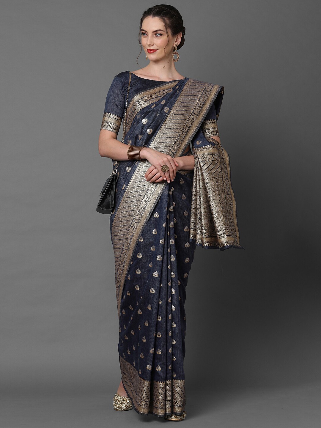 

Mitera Navy Blue & Gold-Toned Woven Design Silk Blend Banarasi Saree