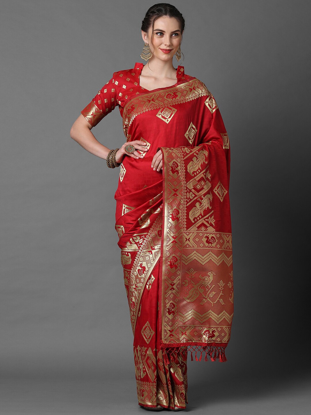 

Mitera Red & Gold-Toned Woven Design Banarasi Saree