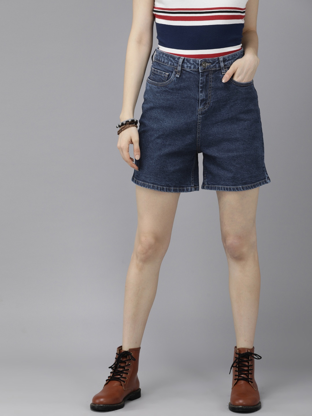 

Roadster Women Blue Washed High-Rise Denim Shorts