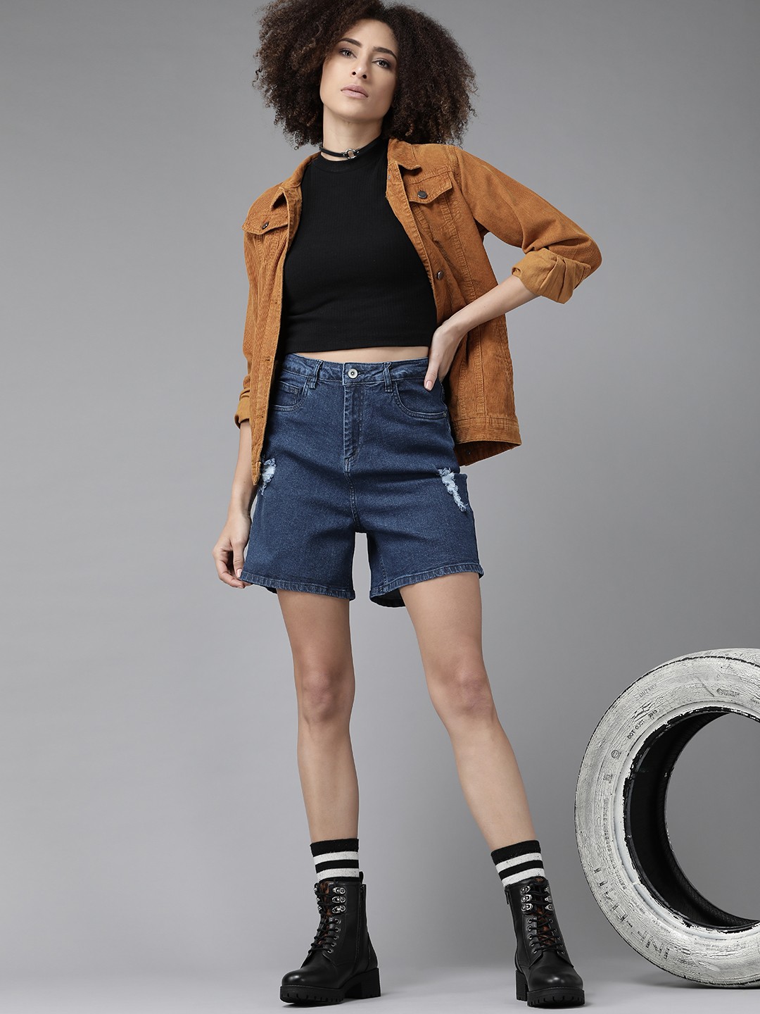 

Roadster Women Navy Blue High-Rise Denim Shorts