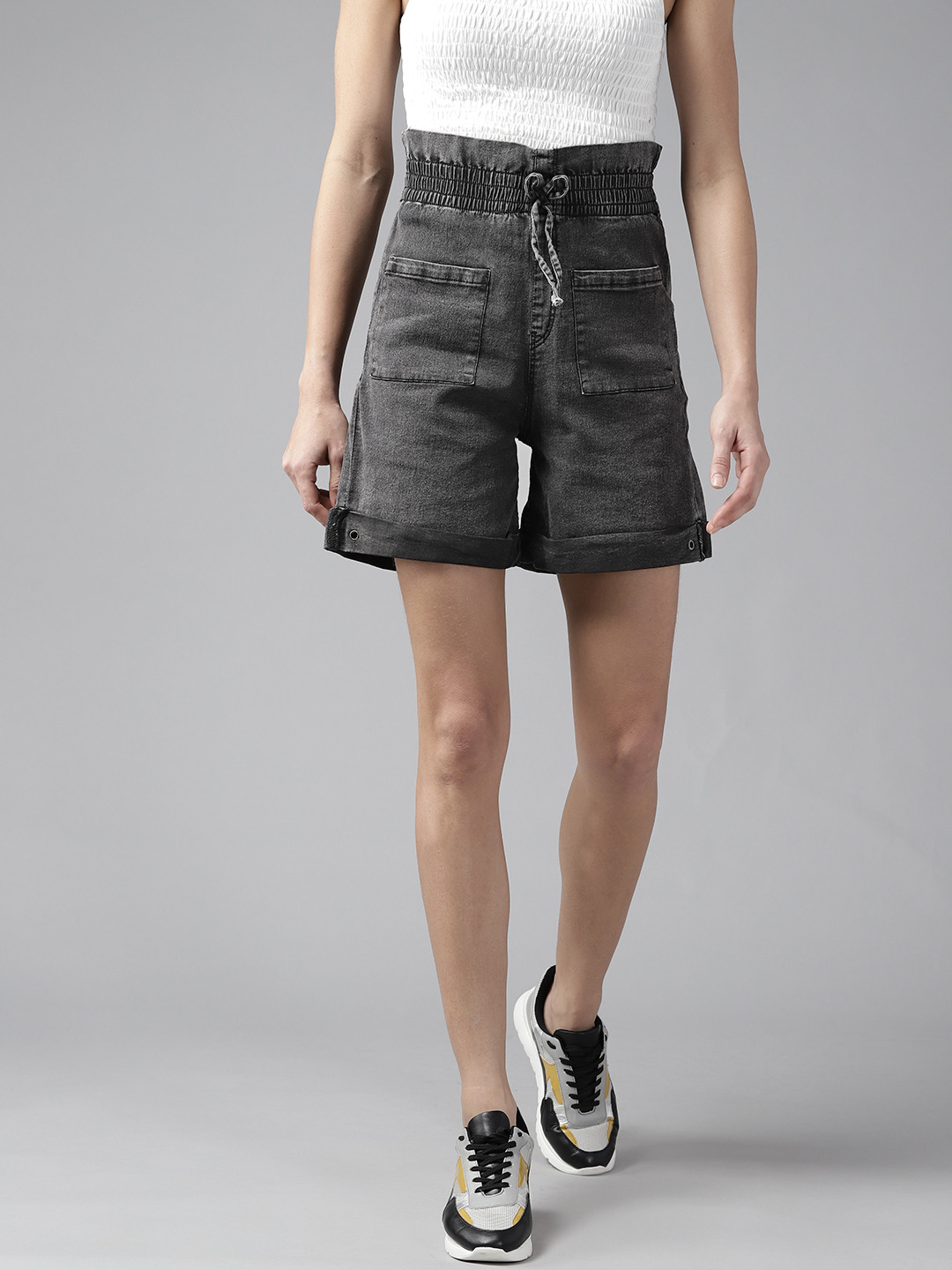

Roadster Women Charcoal Grey High-Rise Denim Shorts
