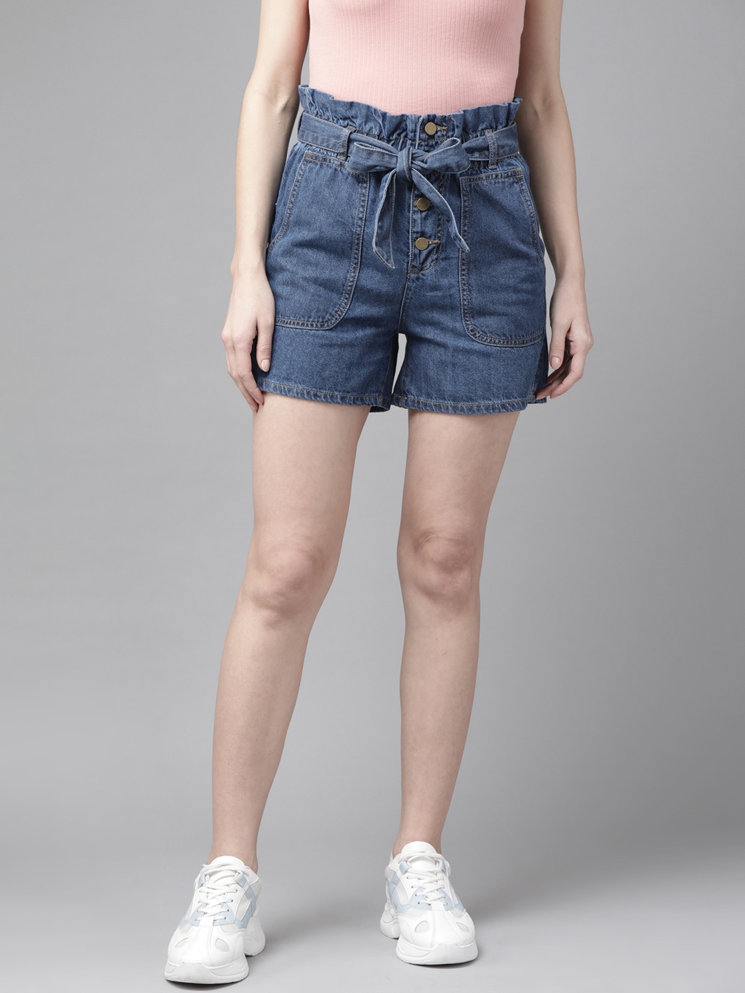 

Roadster Women Navy Blue Pure Cotton High-Rise Denim Shorts With Belt