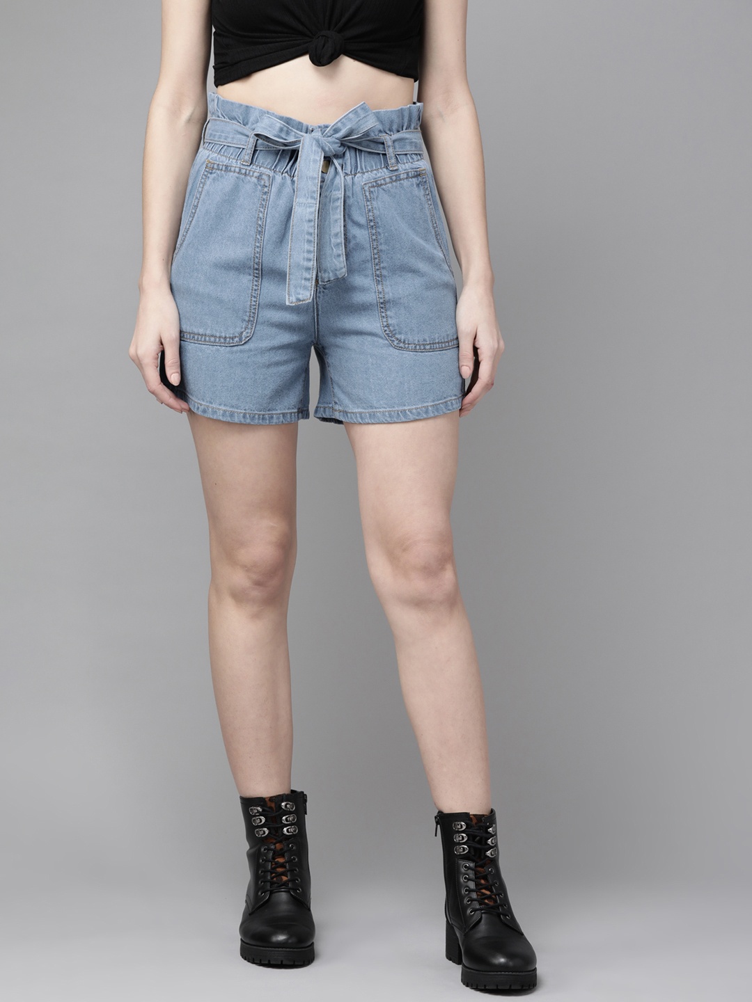 

Roadster Women Blue Pure Cotton High-Rise Denim Shorts With Belt