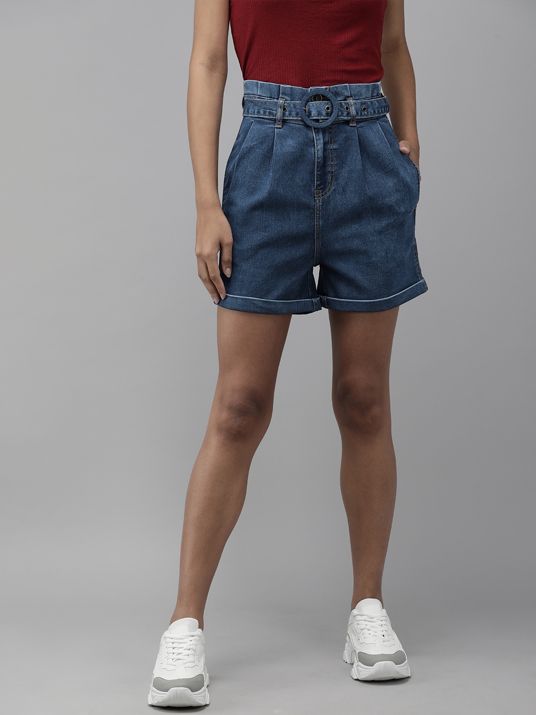

Roadster Women Blue Solid High-Rise Flared Fit Denim Shorts With Belt