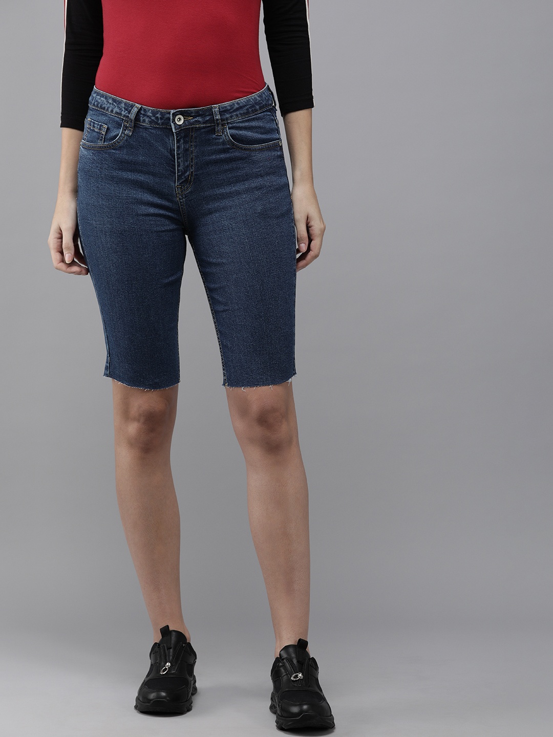 

Roadster Women Blue Washed Bermuda Skinny Fit Denim Shorts with Raw Hem