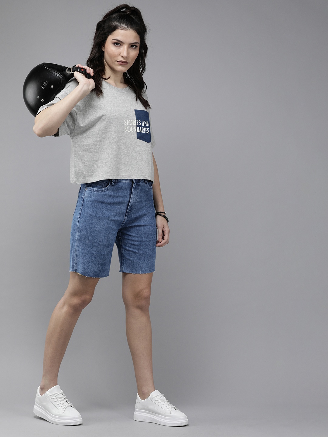 

Roadster Women Blue Relax Fit Mid Rise Washed Barmuda Denim Shorts