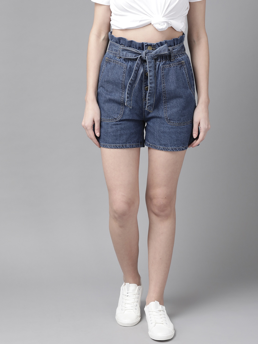 

Roadster Women Navy Blue Pure Cotton High-Rise Denim Shorts With Belt
