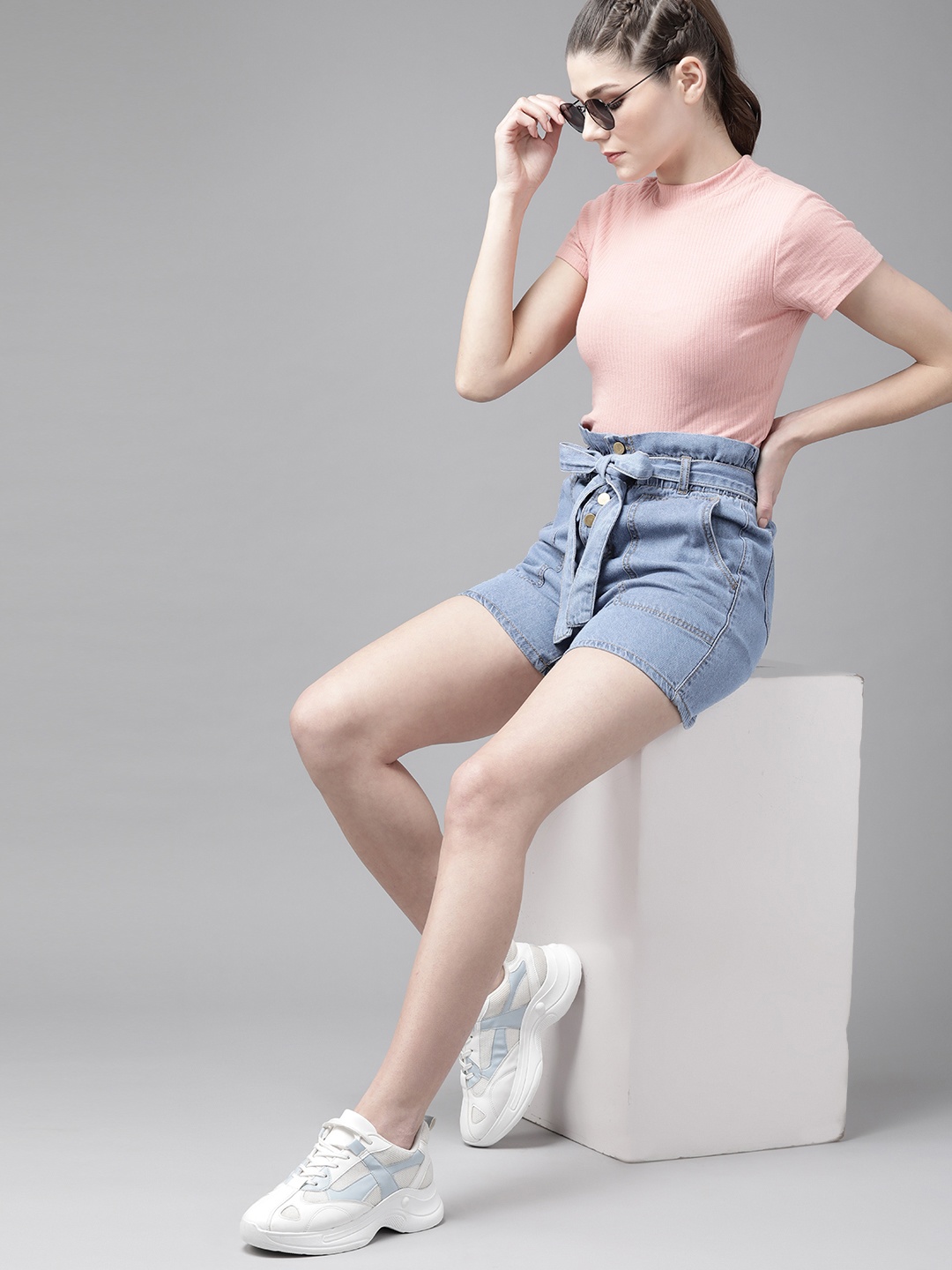 

Roadster Women Blue Pure Cotton High-Rise Denim Shorts With Belt