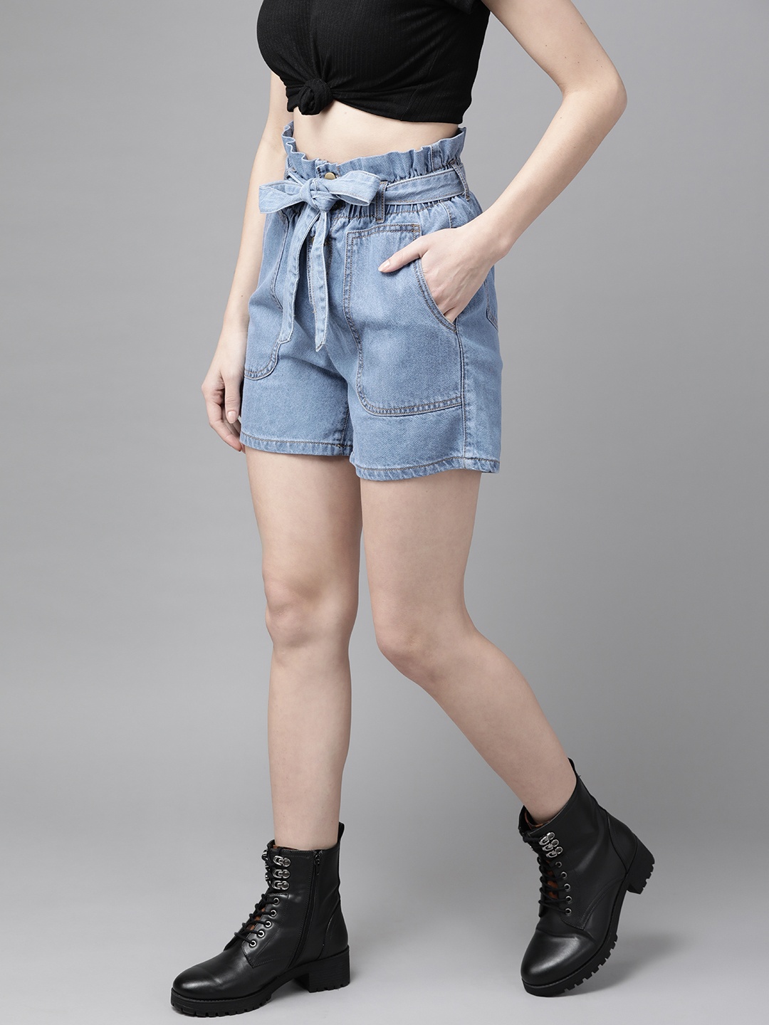 

Roadster Women Blue Pure Cotton High-Rise Denim Shorts With Belt