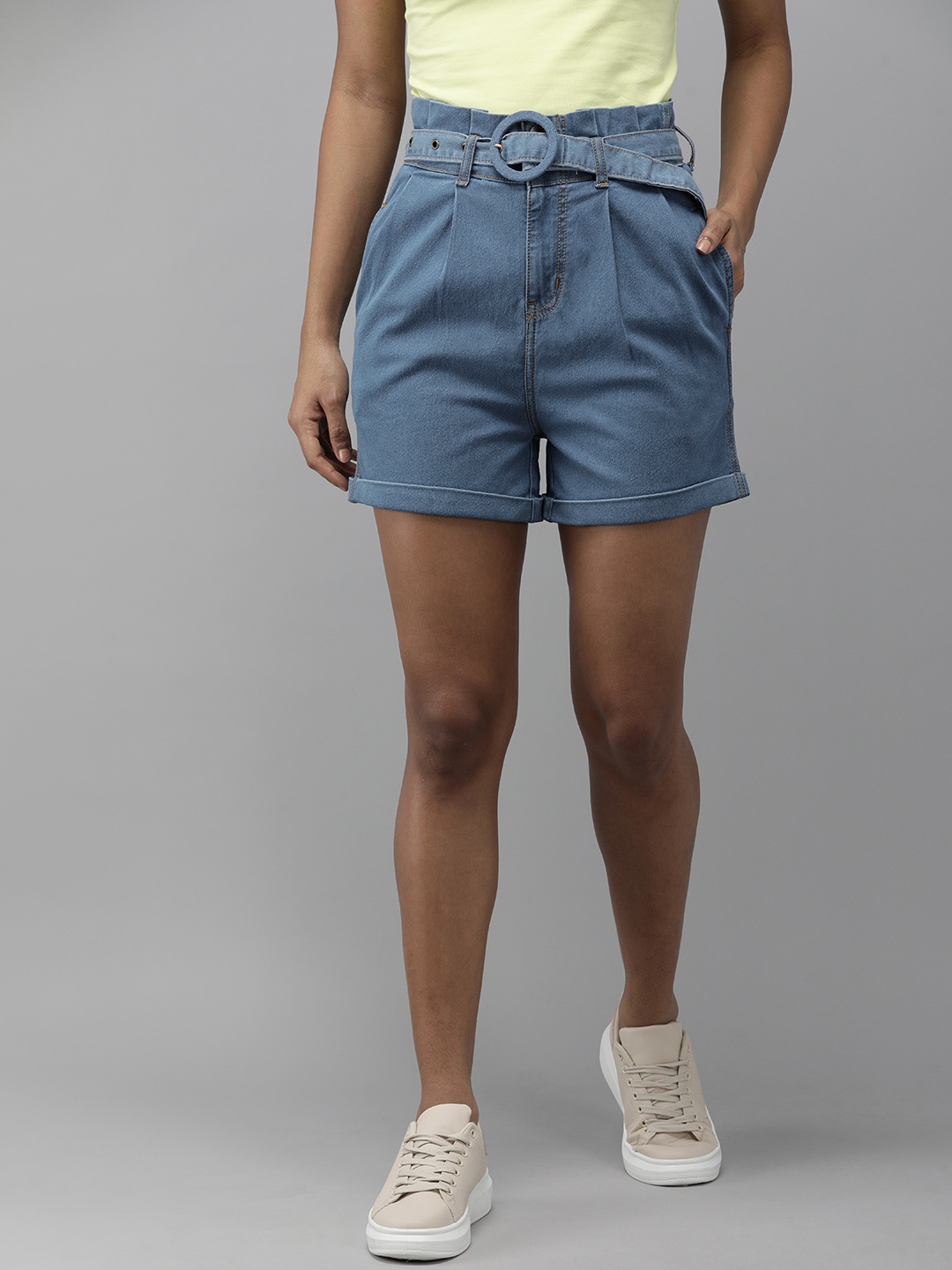 

Roadster Women Blue Solid High-Rise Flared Fit Denim Shorts With Belt