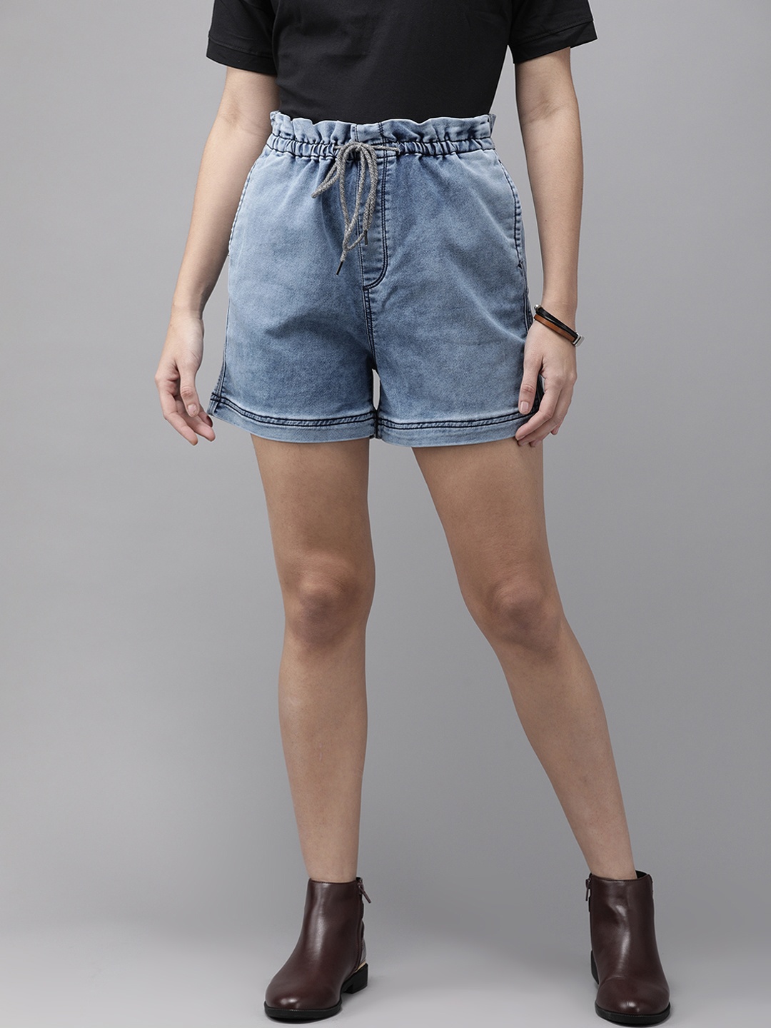 

Roadster Women Navy Blue Faded High-Rise Denim Shorts