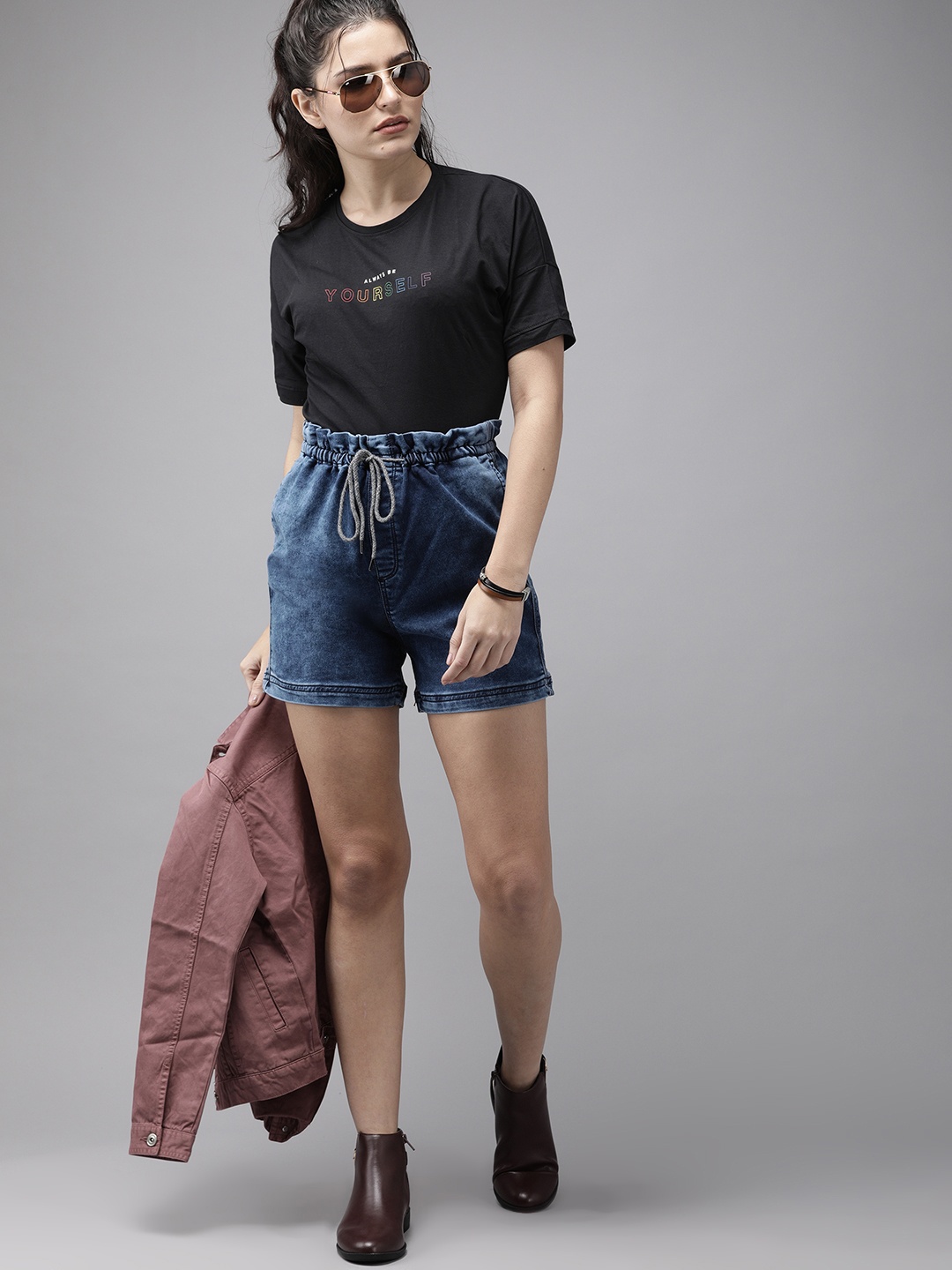 

Roadster Women Navy Blue Washed High-Rise Denim Shorts