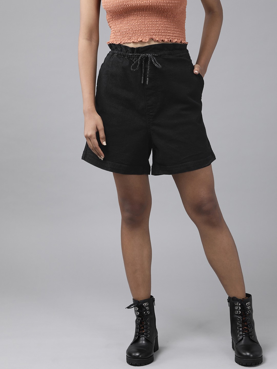 

Roadster Women Black Solid High-Rise Denim Shorts