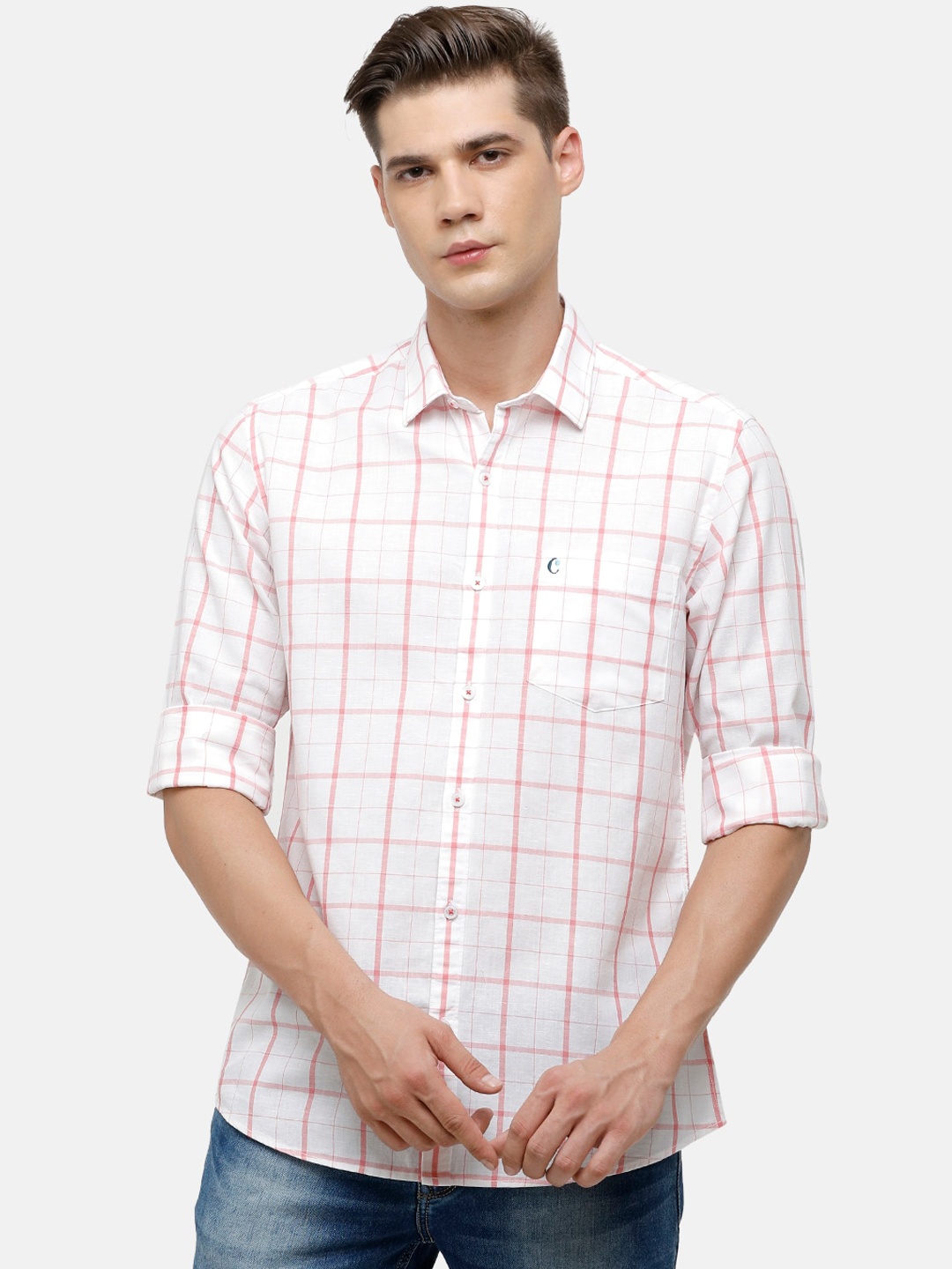 

CAVALLO by Linen Club Men White & Pink Windowpane Checked Cotton-Linen Casual Shirt