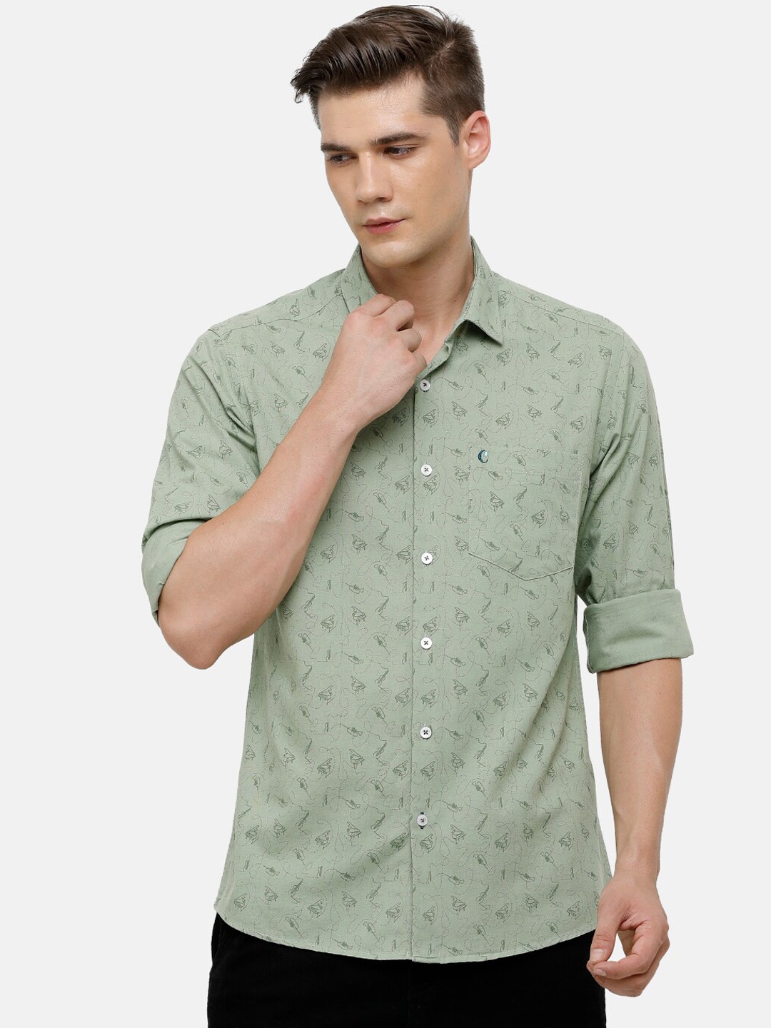

CAVALLO by Linen Club Men Green Floral Printed Cotton-Linen Casual Shirt