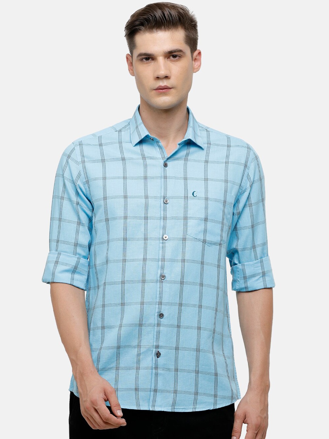 

CAVALLO by Linen Club Men Blue Linen Cotton Checked Casual Shirt