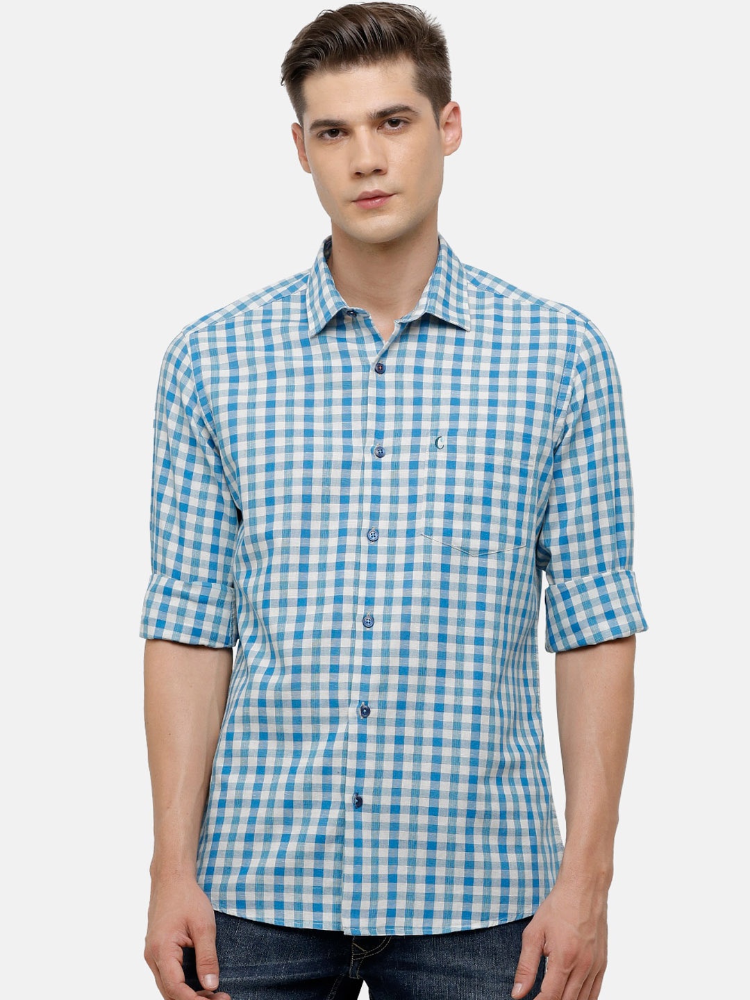 

CAVALLO by Linen Club Men Blue Gingham Checked Casual Shirt
