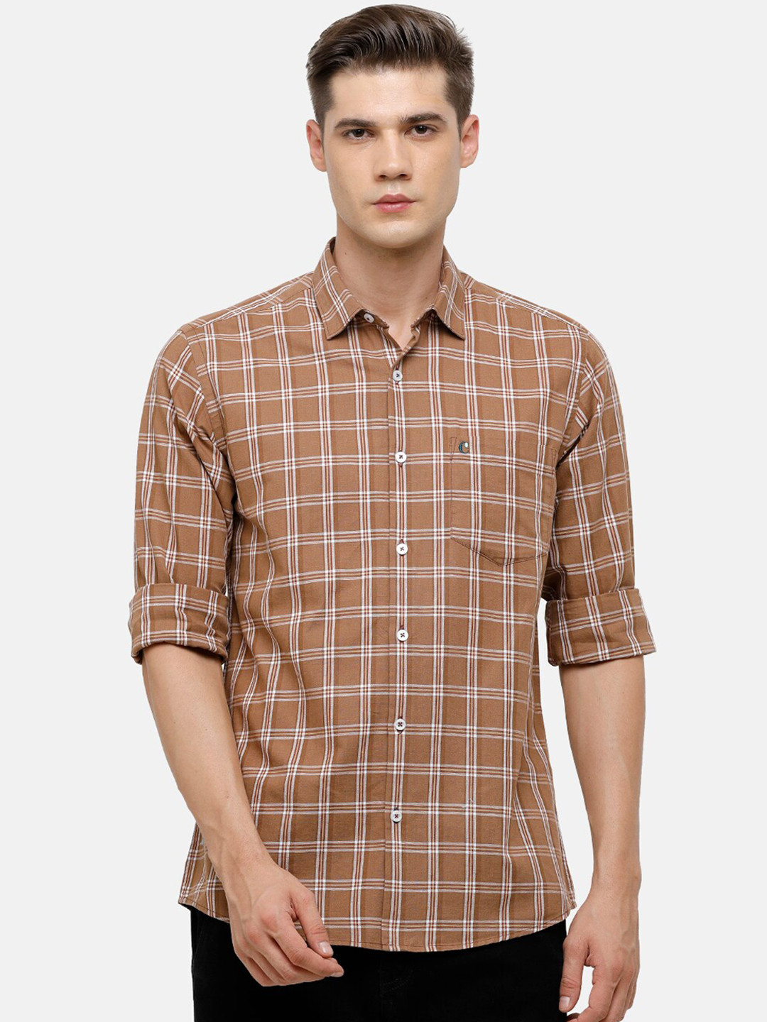 

CAVALLO by Linen Club Men Brown and White Checked Cotton-Linen Casual Shirt