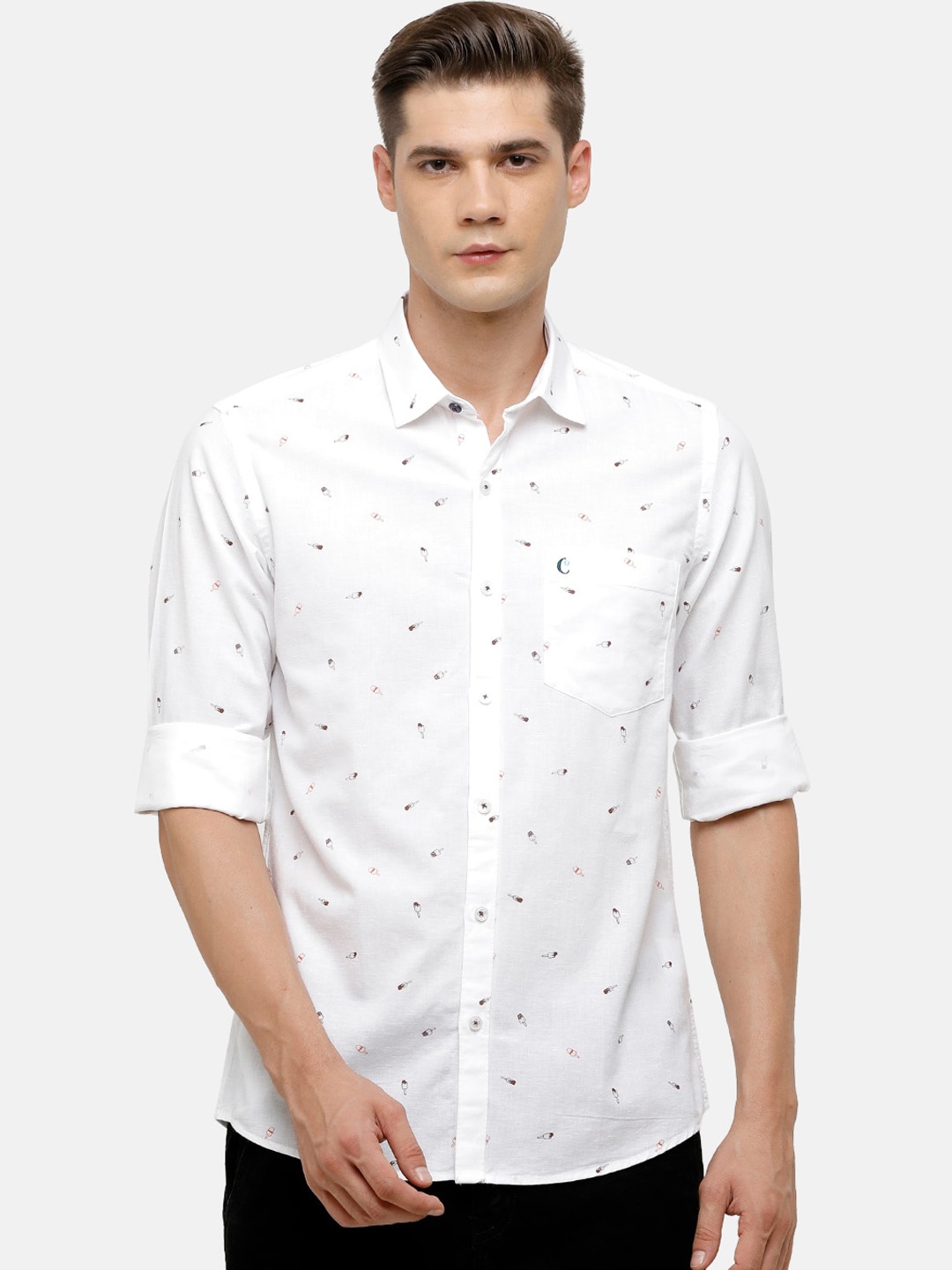 

CAVALLO by Linen Club Men White & Brown Micro Ditsy Printed Casual Shirt