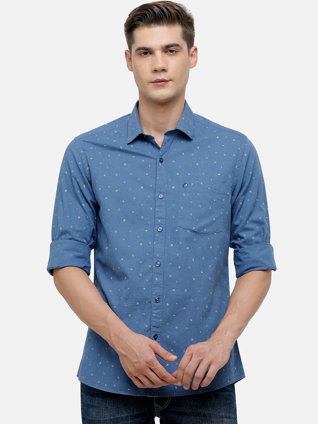 

CAVALLO by Linen Club Men Blue Linen Cotton Micro Ditsy Printed Casual Shirt