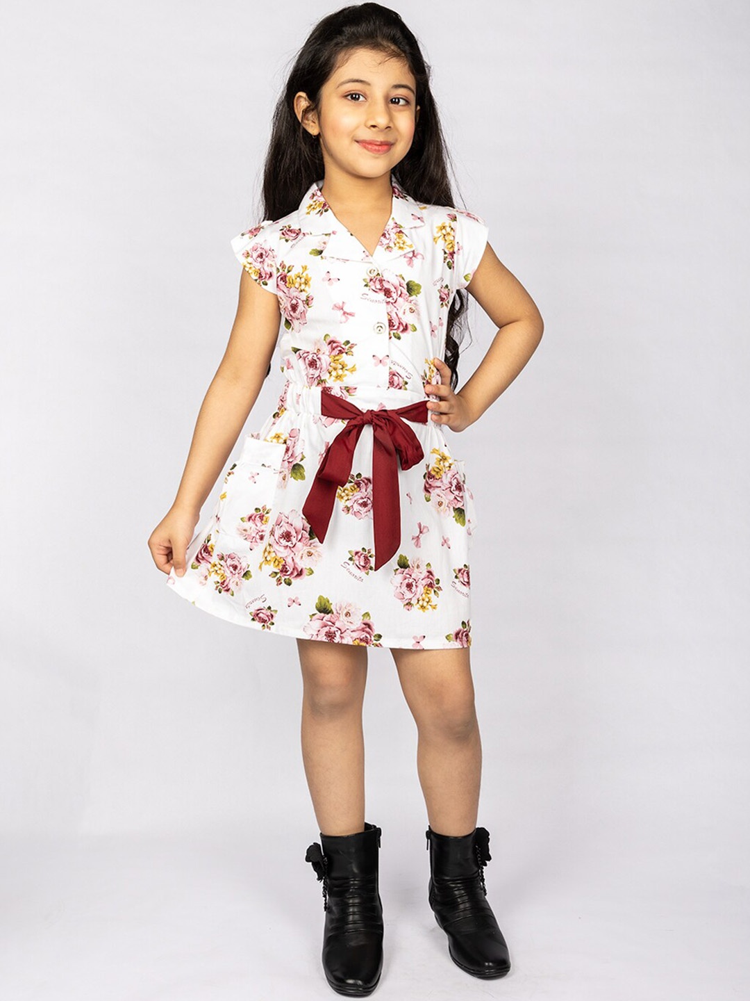 

Peppermint Girls Maroon & White Floral Printed Pure Cotton Dress with Tie-up Details