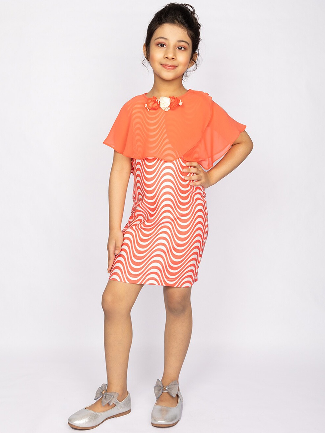 

Peppermint Girls Peach-Coloured & White Striped Printed Satin Sheath Dress
