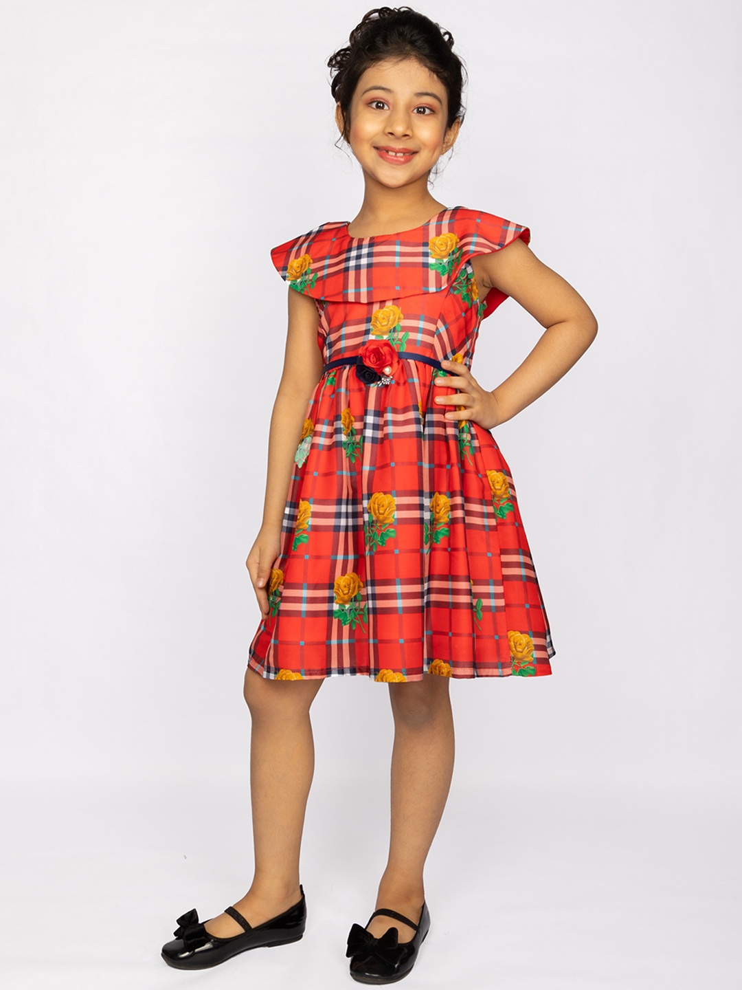 

Peppermint Girls Red Checked & Floral Printed Fit & Flare Dress