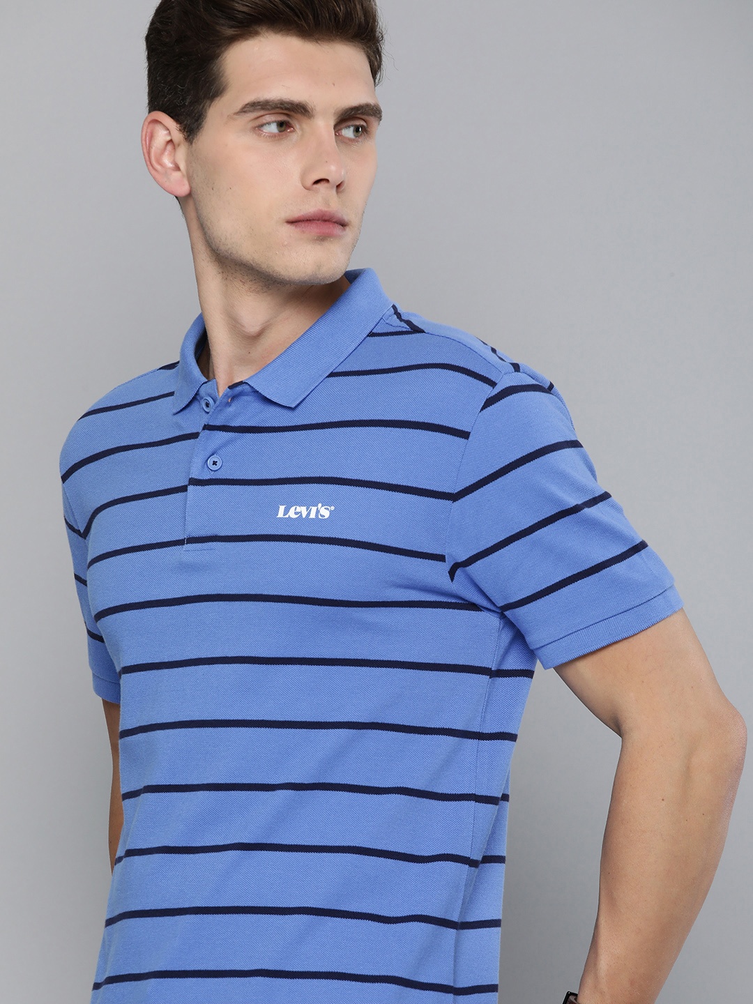 

Levis Men Blue & Black Striped Polo Collar T-shirt
