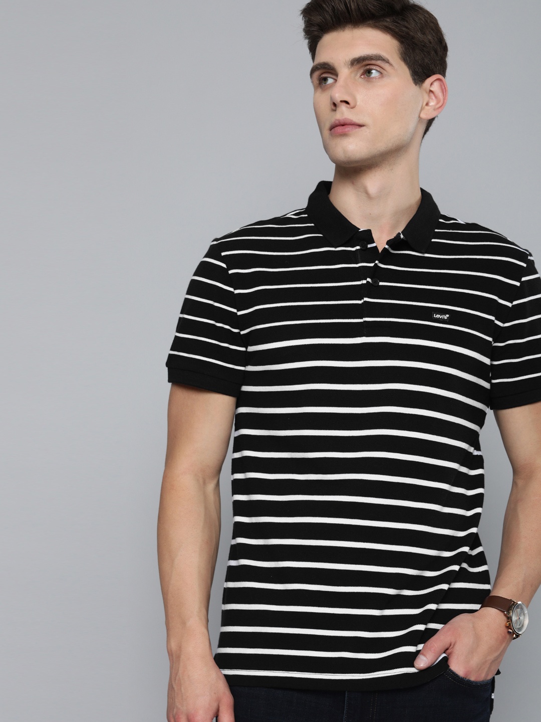 

Levis Men Black White Striped Polo Collar Pure Cotton T-shirt