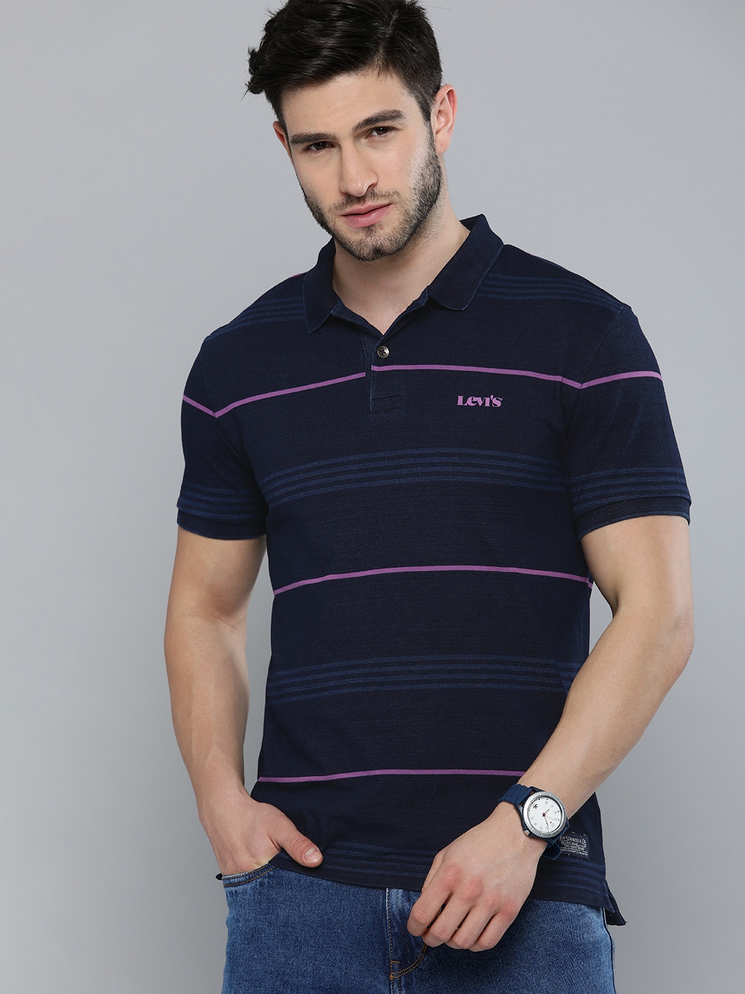 

Levis Men Blue & Purple Striped Polo Collar T-shirt