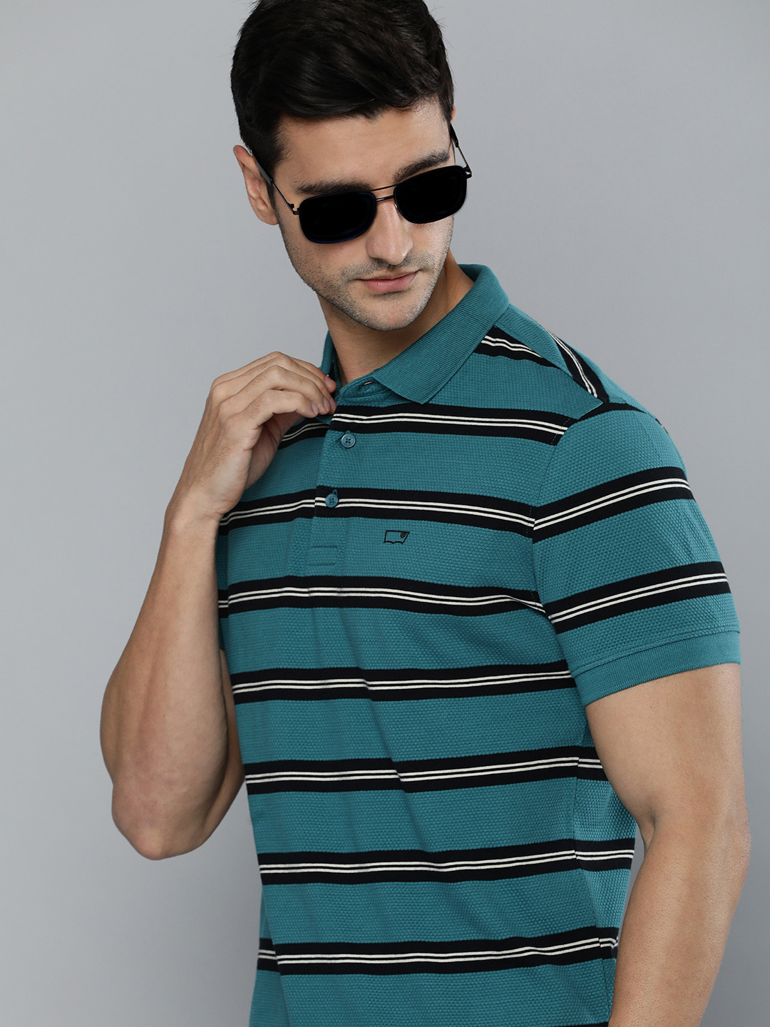 

Levis Men Teal Blue & Black Striped Polo Collar Pure Cotton Casual T-shirt