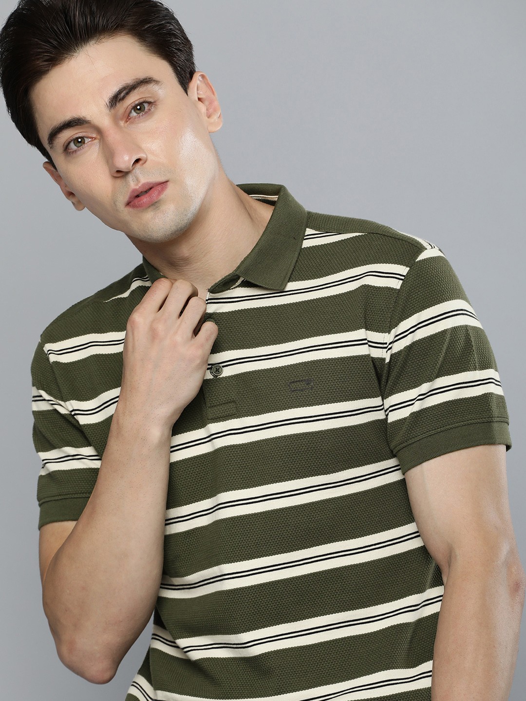 

Levis Men Olive Green & White Striped Polo Collar Pure Cotton Casual T-shirt