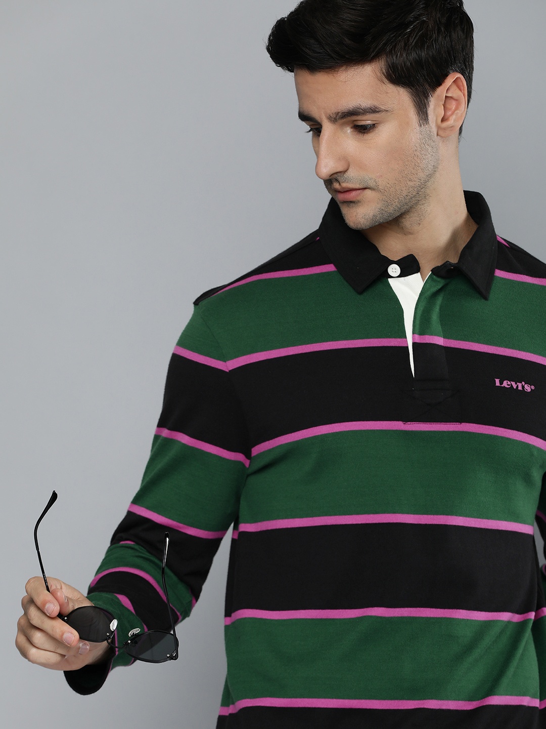 

Levis Men Green & Black Striped Polo Collar Pure Cotton Casual T-shirt