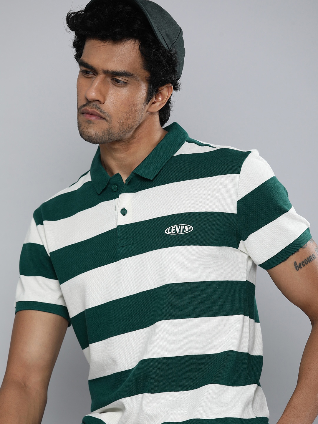 

Levis Men White & Green Striped Polo Collar Pure Cotton T-shirt