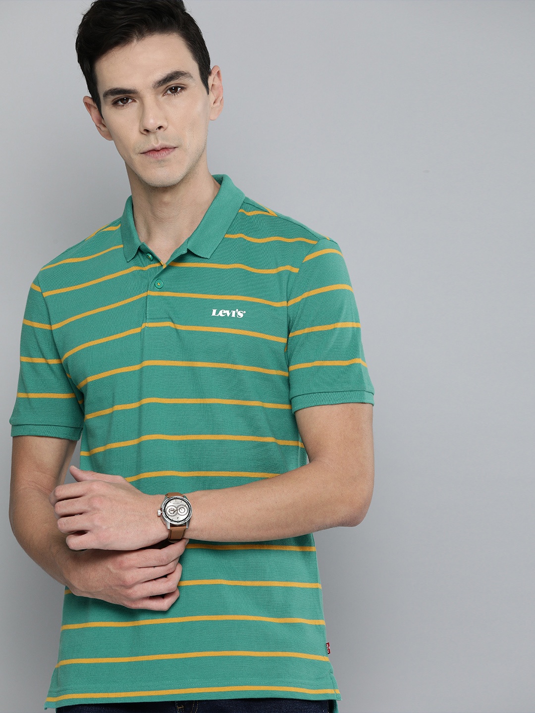 

Levis Men Green Yellow Striped Polo Collar Pure Cotton T-shirt