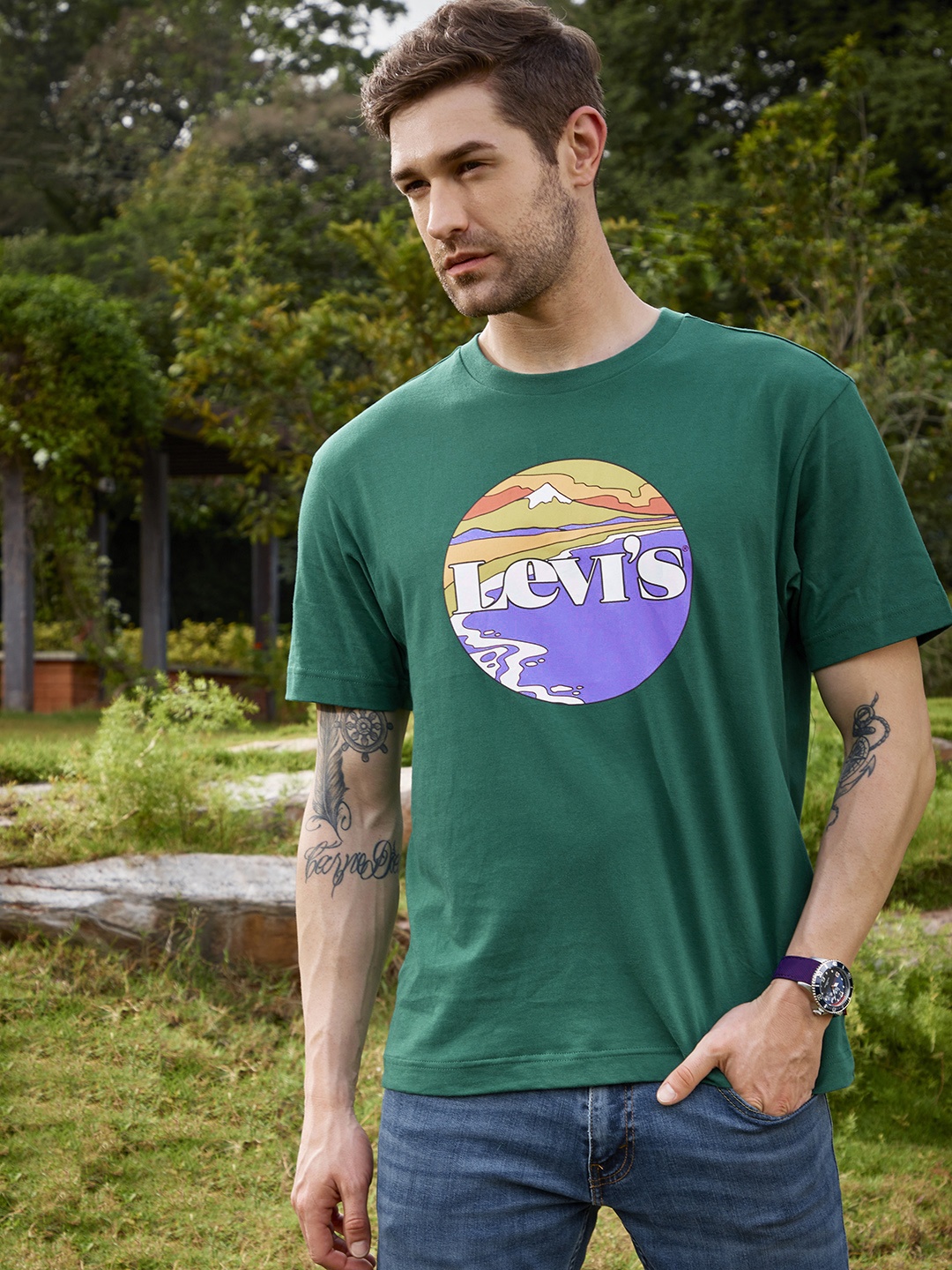 

Levis Men Green Brand Logo Printed Round Neck Pure Cotton T-shirt
