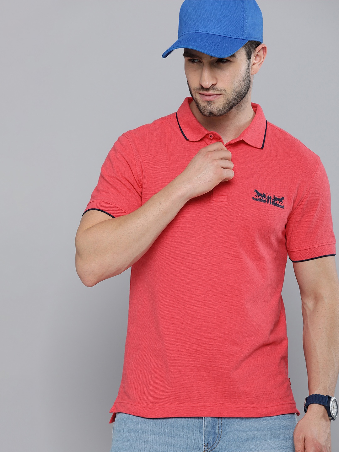 

Levis Men Pink & Grey Embroidered Polo Collar T-shirt