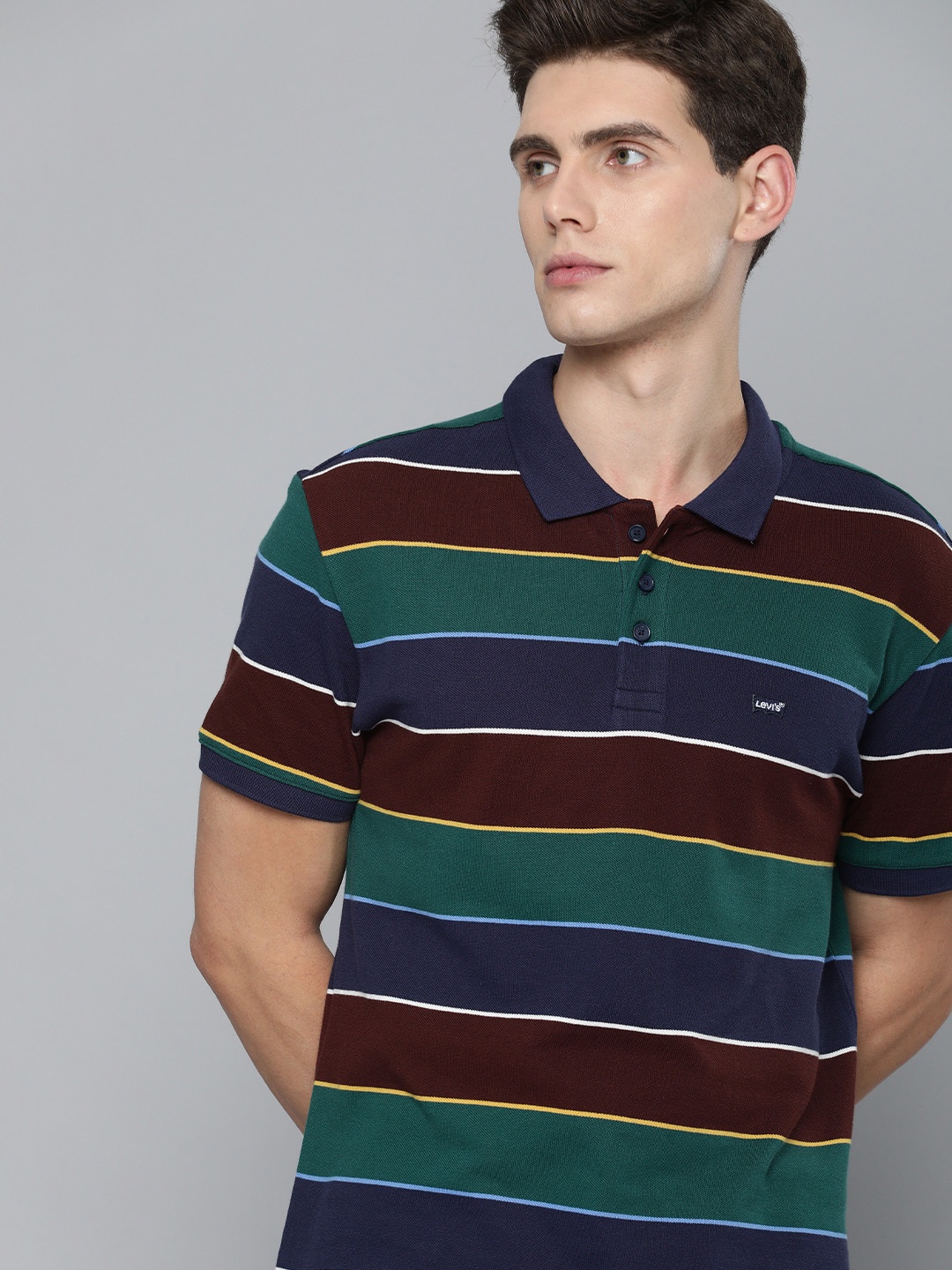 

Levis Men Green Blue Colourblocked Polo Collar Pure Cotton T-shirt